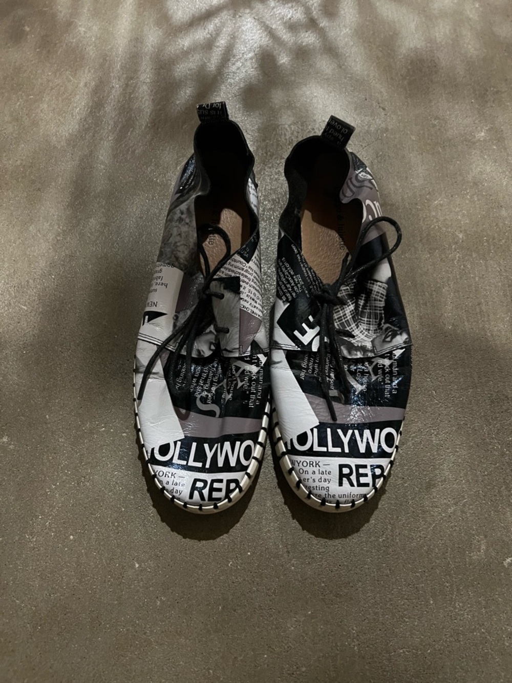 Graphic Newspaper Print Slip-On Sneakers in Black & White